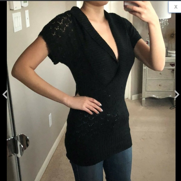 V-Neck Pointelle Wrap Shawl Collar Sweater Tunic - Picture 2 of 5